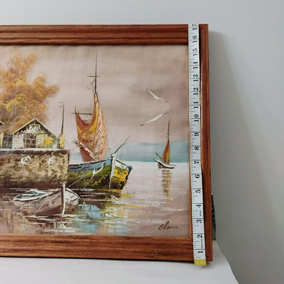 Vintage Original Oil Painting Harbor Scene & Boats Wood Frame Signed Bloom 21x17 - Picture 6 of 8